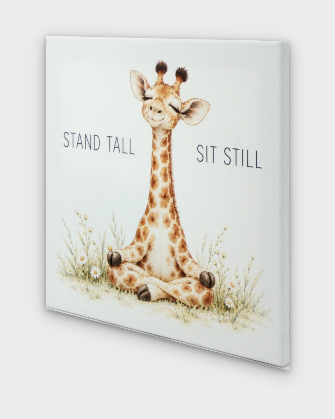 Meditating giraffe canvas wall art shown at a side angle, revealing the wrapped canvas depth and white gallery edges
