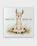 Meditating llama canvas wall art shown face-on with watercolor floral meadow and Wander Freely Breathe Easy text