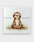 Meditating sloth canvas wall art shown flat, front view with Move Gently Rest Deeply text and daisy wildflowers