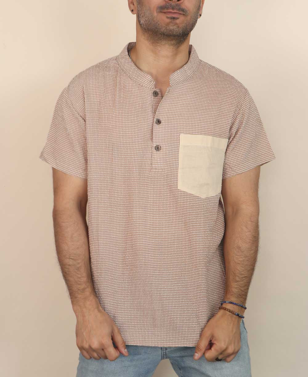 Men's Button Up Kurta Shirt With Solid Pocket - Shirts & Tops Brown M