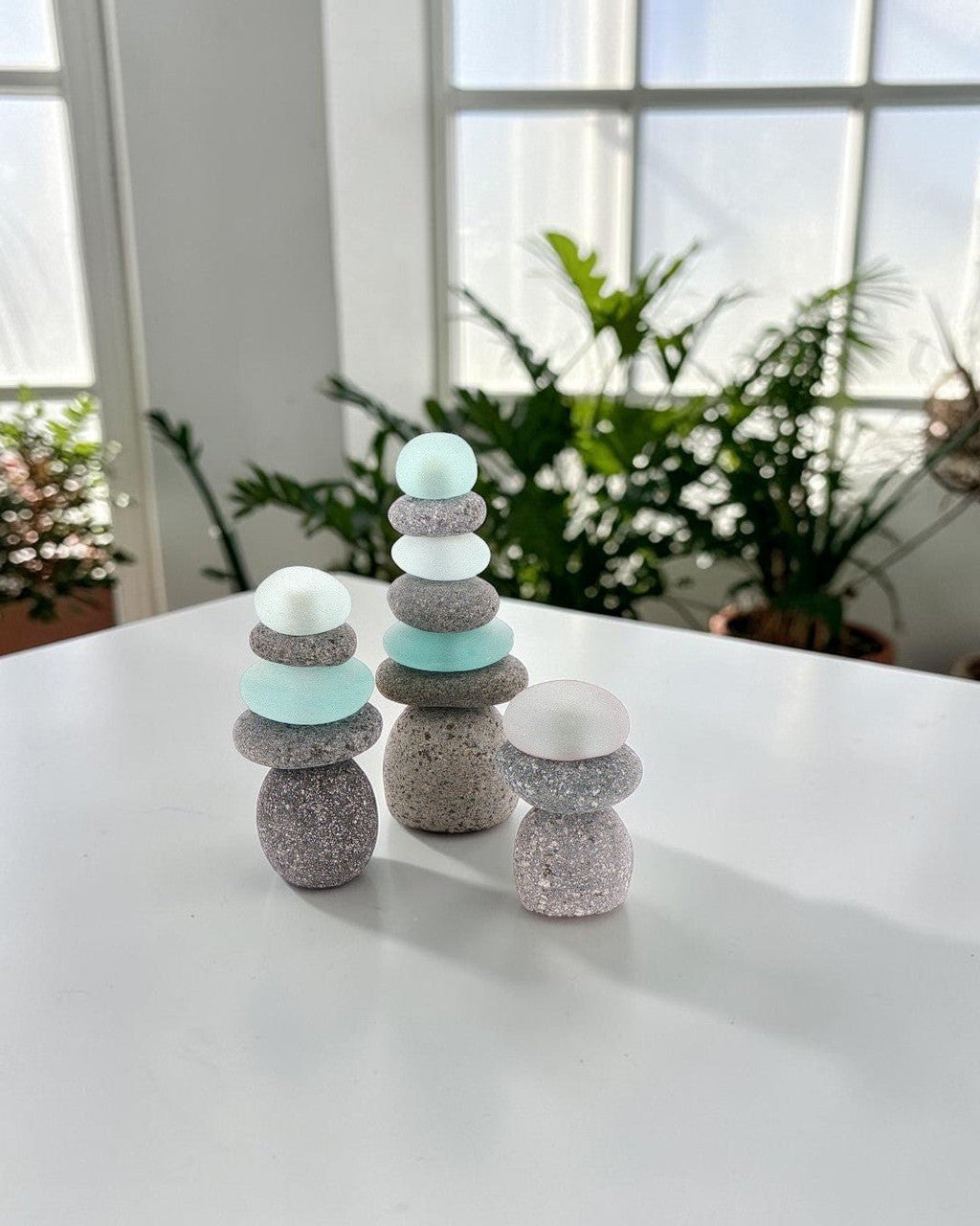 Mini Stacked Stone Cairns with Sea Glass — Set of 3 Zen Decor - Home Decor