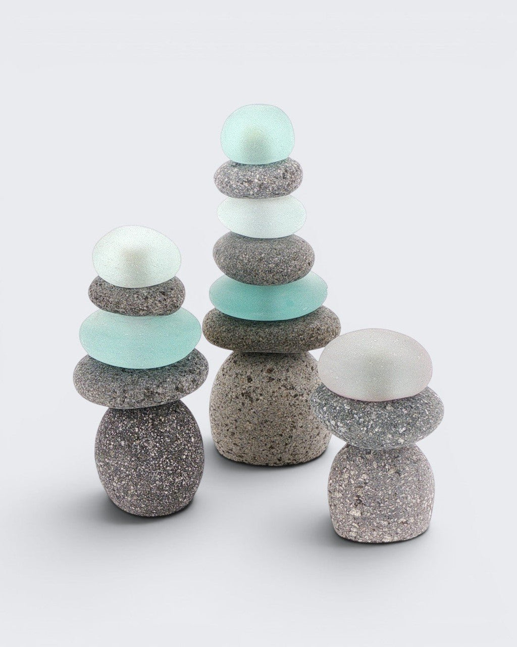 Mini Stacked Stone Cairns with Sea Glass — Set of 3 Zen Decor - Home Decor