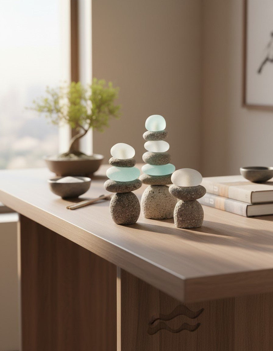 Mini Stacked Stone Cairns with Sea Glass — Set of 3 Zen Decor - Home Decor