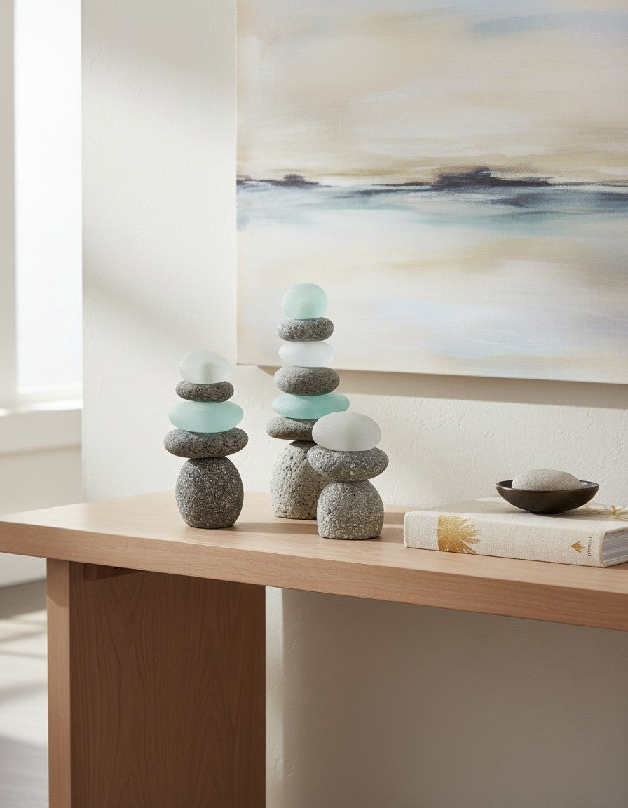 Mini Stacked Stone Cairns with Sea Glass — Set of 3 Zen Decor - Home Decor
