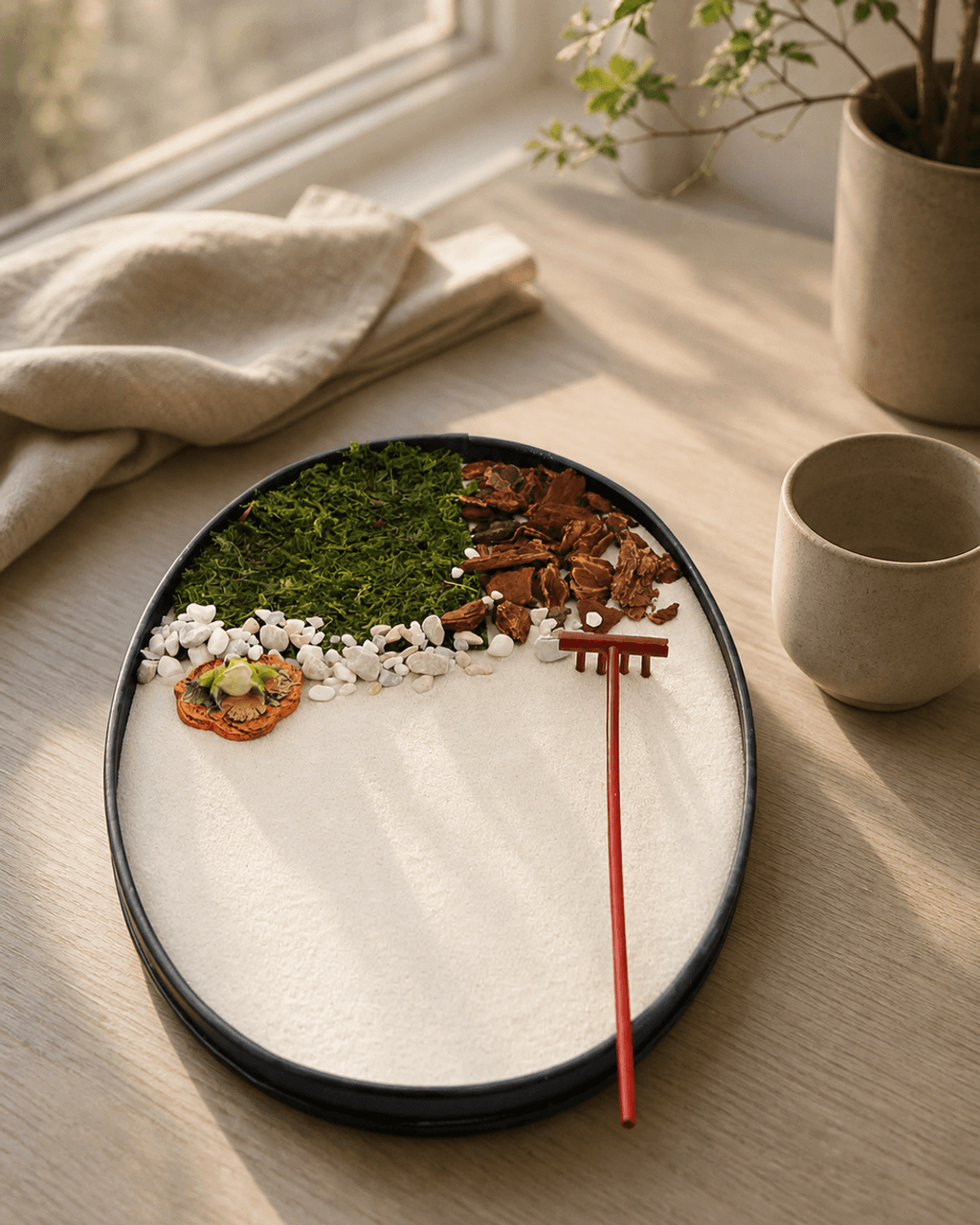 Miniature Frog Meditation Zen Garden with Moss, Bark, and Rake - Home & Garden