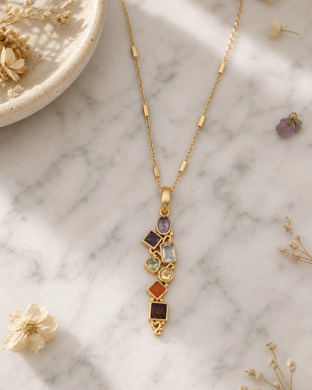 Mixed Geometry Chakra Gemstones Rainbow Gold Plated Necklace - Necklaces