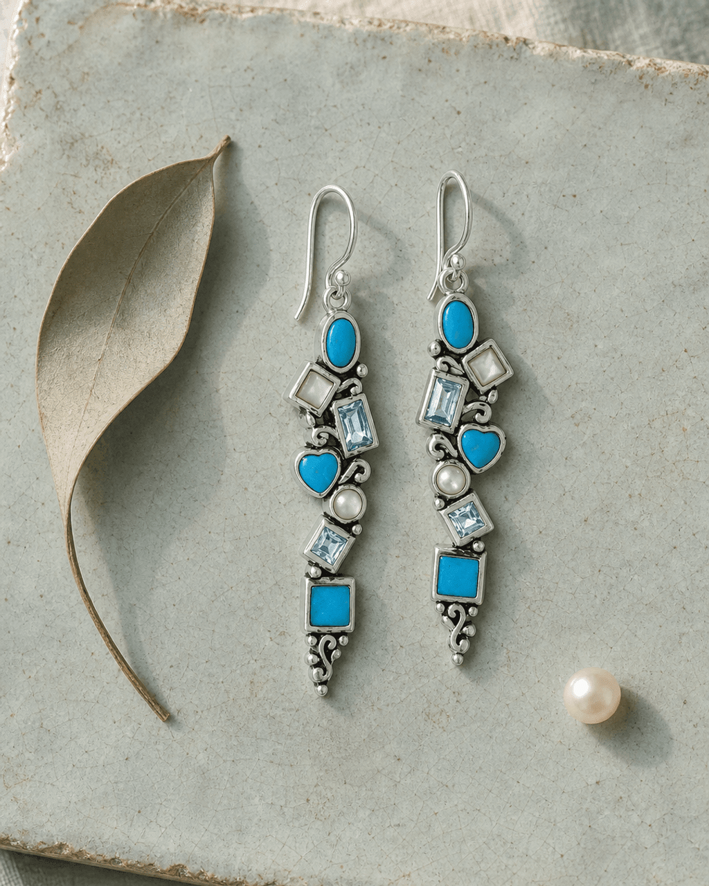 Mixed Geometry Turquoise, Blue Topaz, Mother of Pearl Sterling Silver Earrings - Earrings