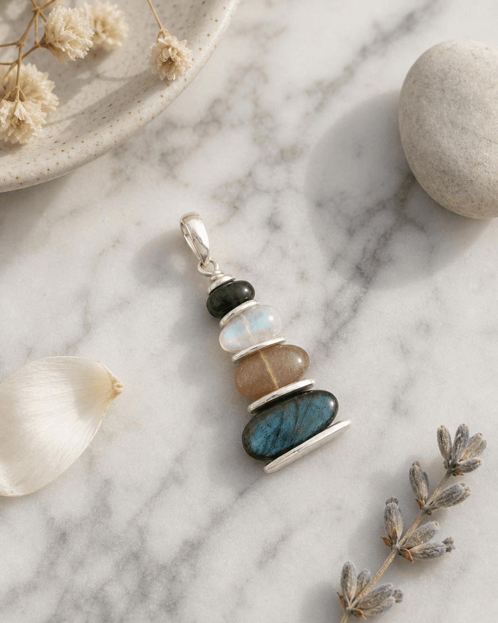 Mixed Labradorite and Moonstone Cairn Pendant with Sterling Silver - Pendants