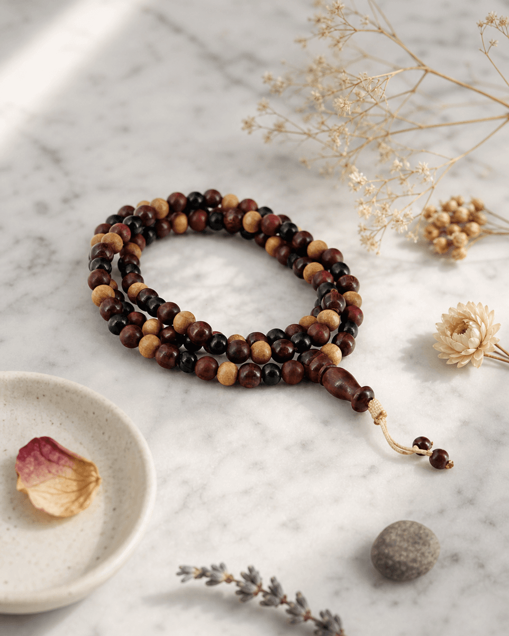 Mixed Wood Beads Meditation Mala, Adjustable - Prayer Beads