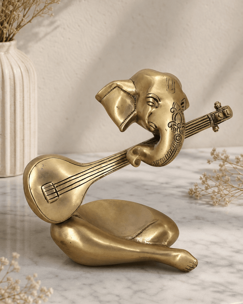 Modern Brass Ganesh Statue Playing Sitar - Sculptures & Statues