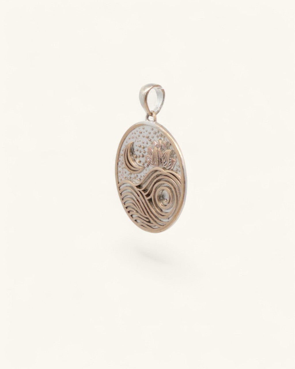Moon and Wave Lotus Pendant — Silver-Plated Bronze Celestial Charm with Engraved Mantra - Pendant