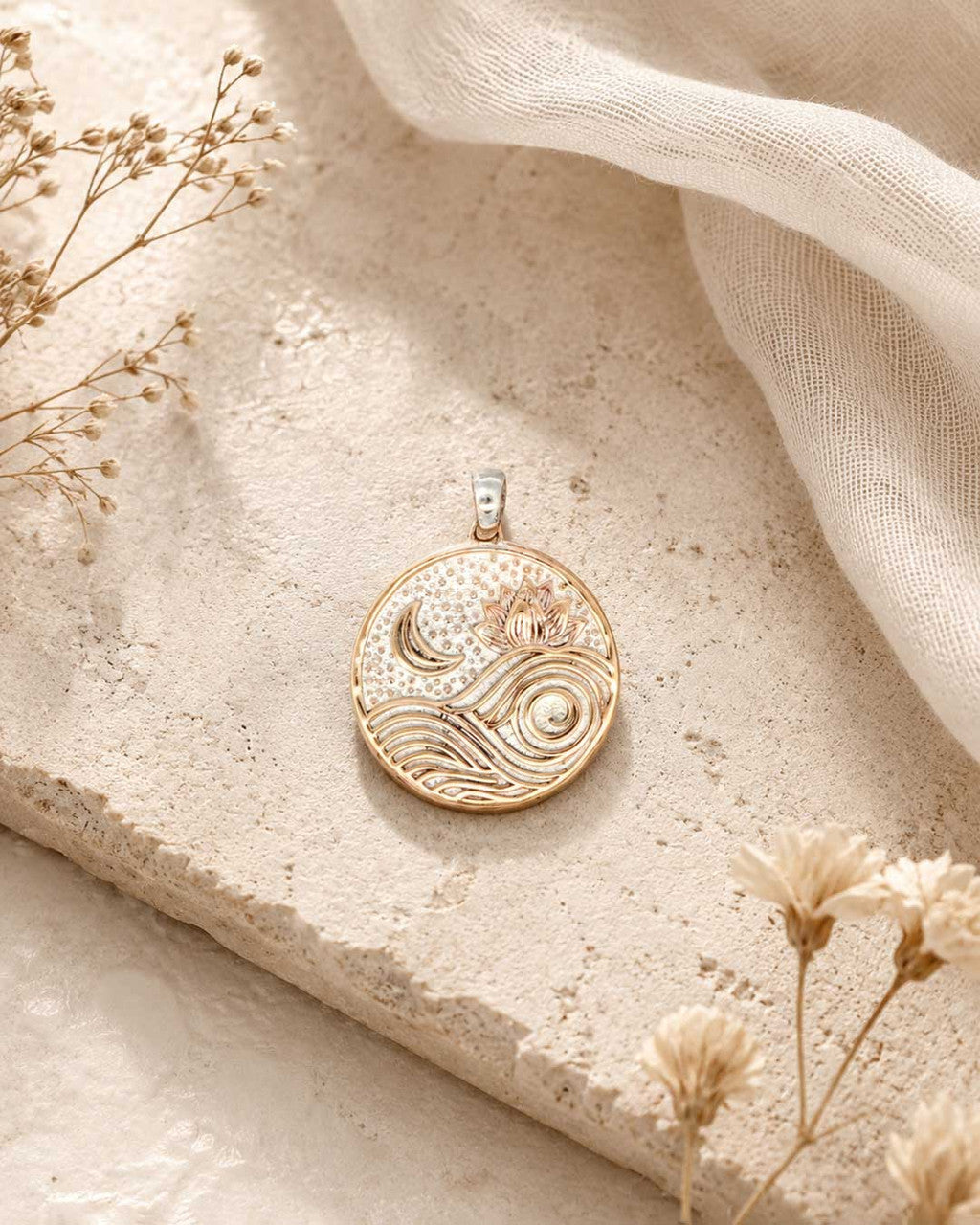 Moon and Wave Lotus Pendant — Silver-Plated Bronze Celestial Charm with Engraved Mantra - Pendant