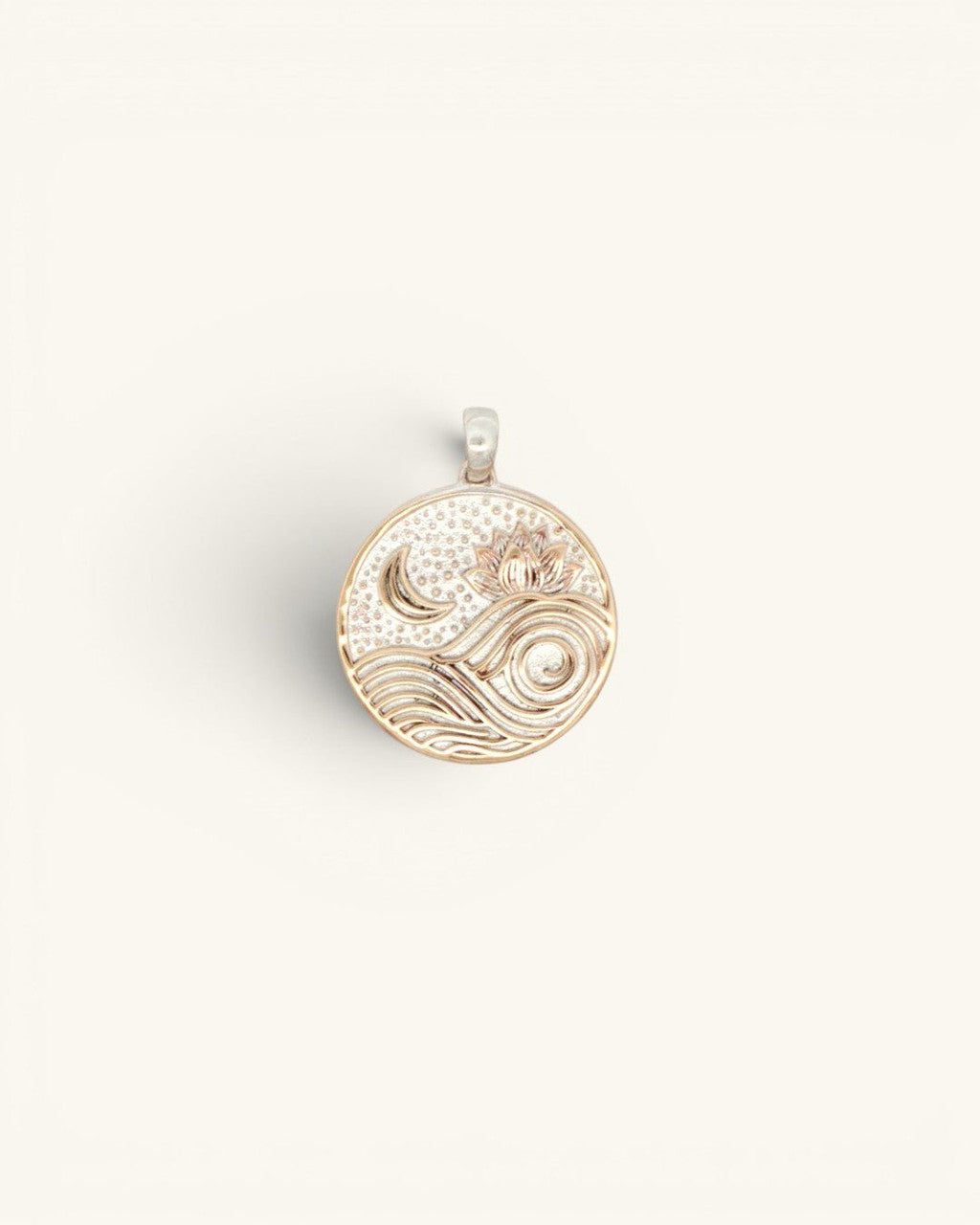 Moon and Wave Lotus Pendant — Silver-Plated Bronze Celestial Charm with Engraved Mantra - Pendant