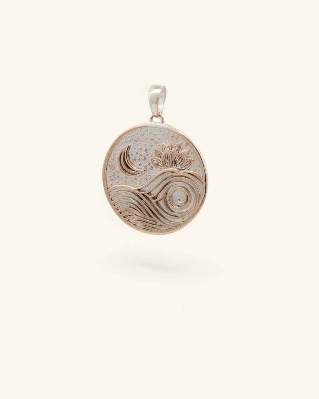 Moon and Wave Lotus Pendant — Silver-Plated Bronze Celestial Charm with Engraved Mantra - Pendant