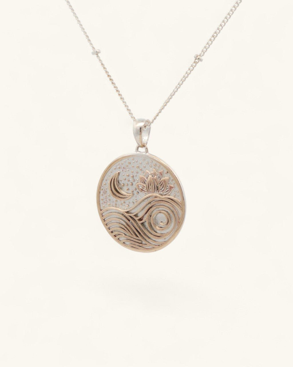 Moon and Wave Lotus Pendant — Silver-Plated Bronze Celestial Charm with Engraved Mantra - Pendant