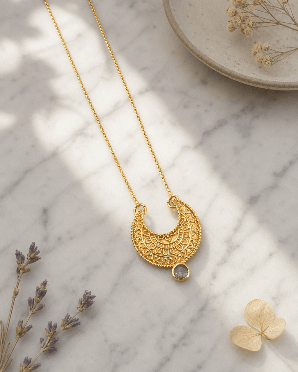 Moon Phase Mandala Art Gemstone Inspirational Necklace - Necklaces Labradorite