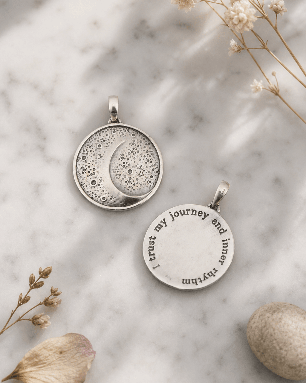Moon Phase Rhythm Sterling Silver Pendant – Etched Lunar Texture with Inspirational Back Engraving - Charms & Pendants