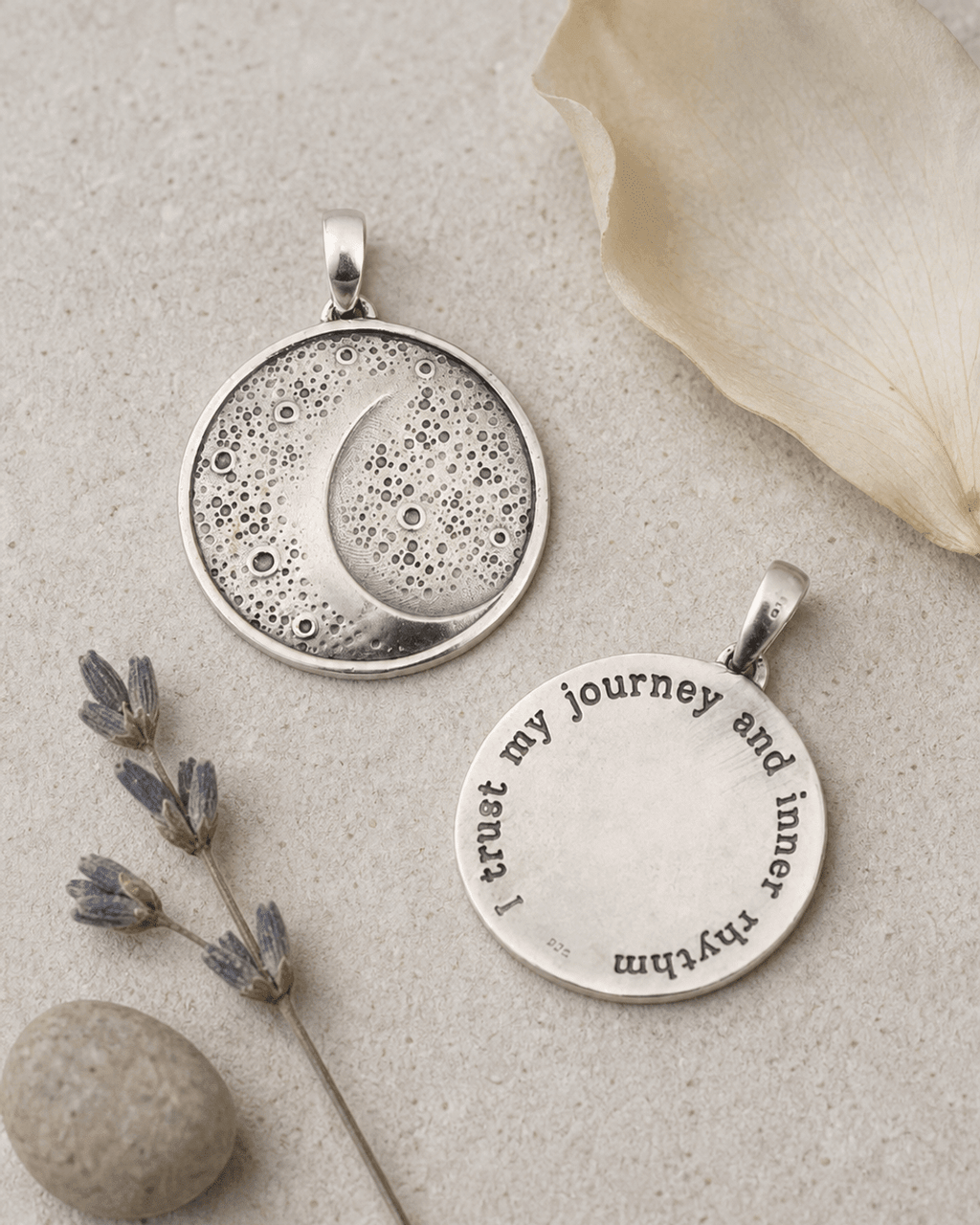 Moon Phase Rhythm Sterling Silver Pendant – Etched Lunar Texture with Inspirational Back Engraving - Charms & Pendants