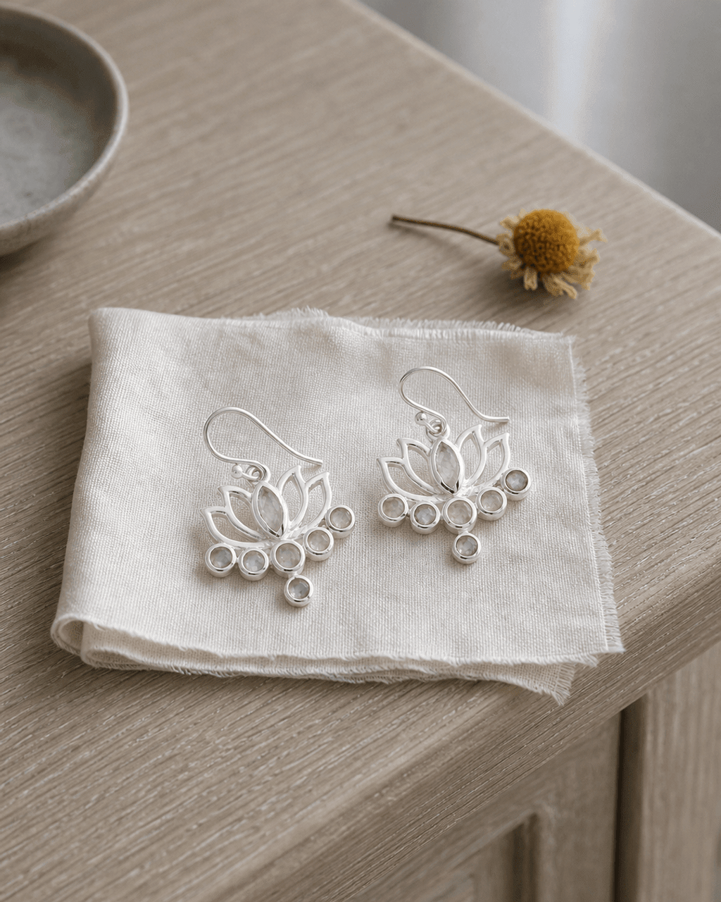 Moonstone and Sterling Silver Lotus Earrings - Earrings