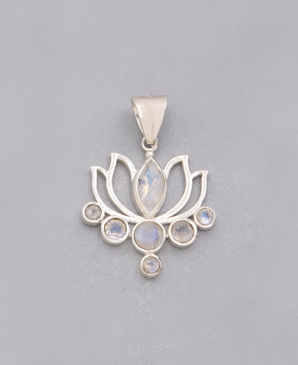 Moonstone Pendant in Lotus Design, Sterling Silver - Charms & Pendants