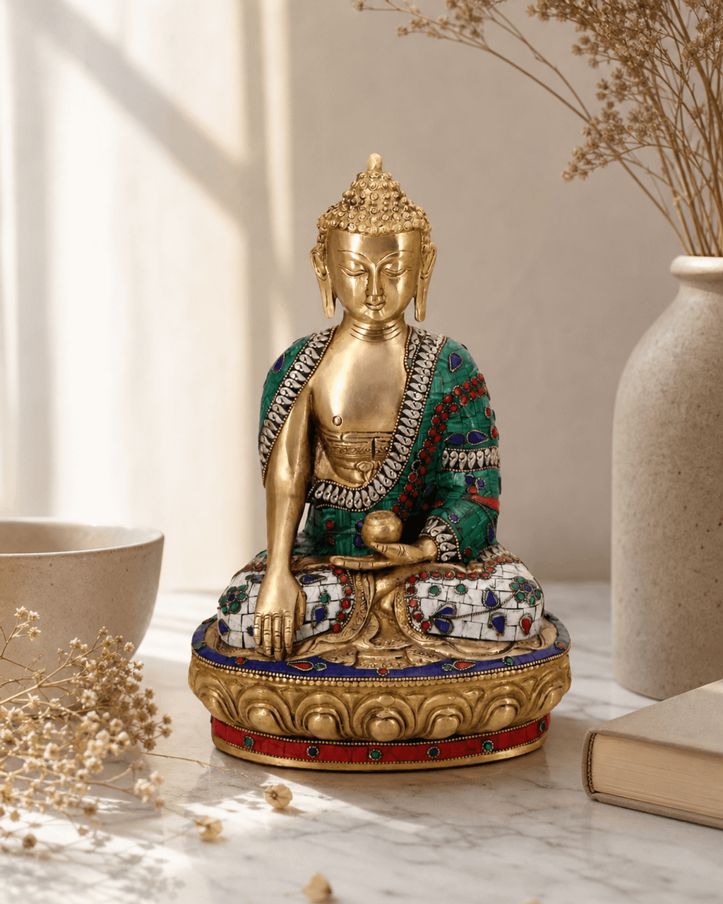 Mosaic Work Earth Touching Pose Shakyamuni Buddha Brass Statue - Sculptures & Statues