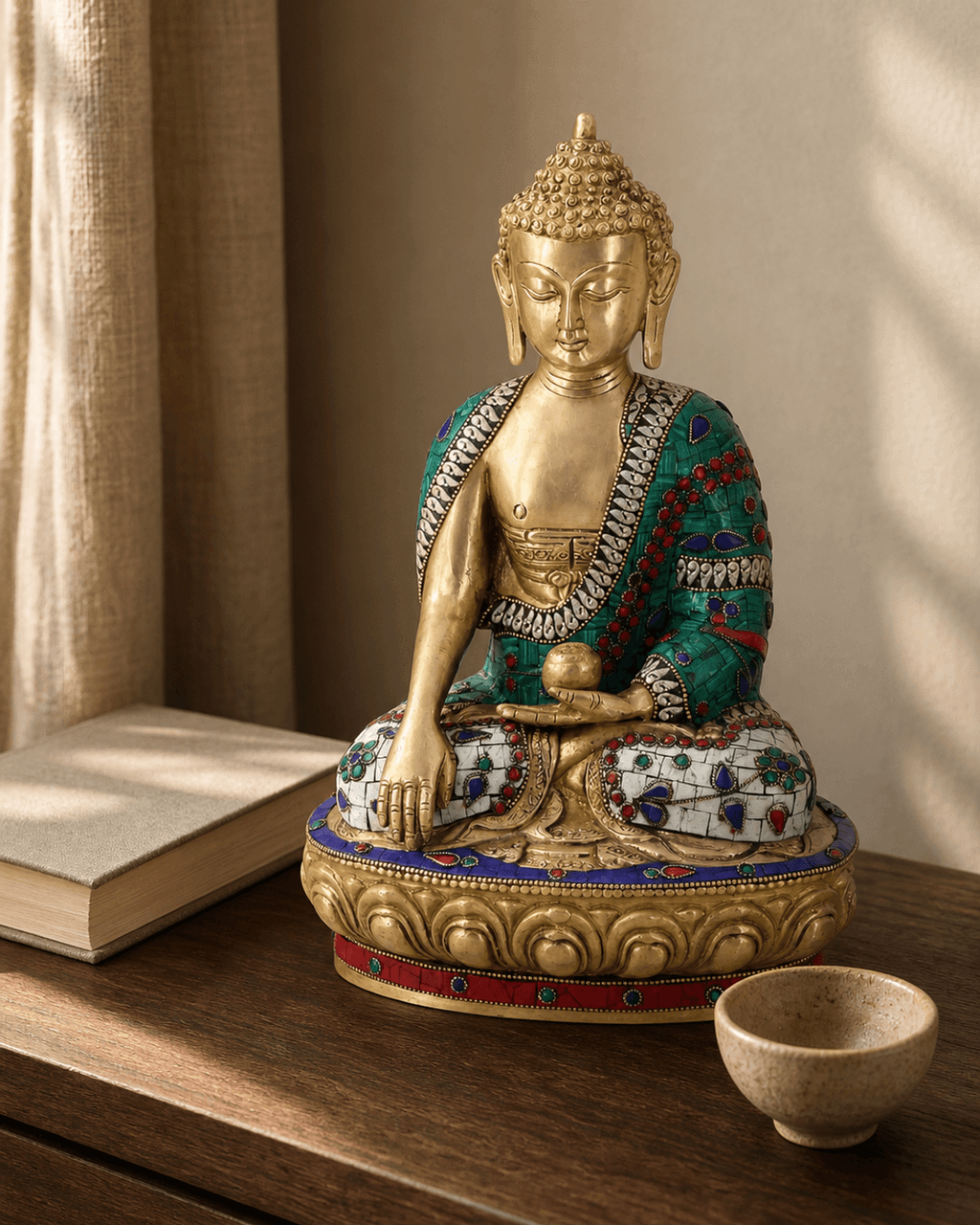 Mosaic Work Earth Touching Pose Shakyamuni Buddha Brass Statue - Sculptures & Statues