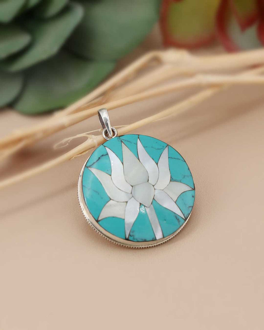 Mother of Pearl and Sterling Silver Turquoise Lotus Pendant - Charms & Pendants