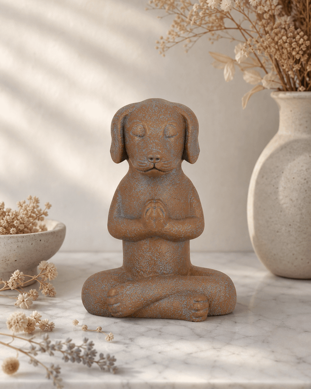 Namaste Dog Statue, Terra Cotta Finish - Sculptures & Statues
