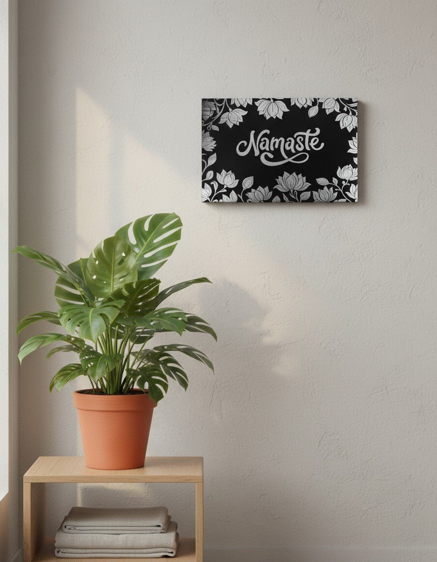 Namaste Lotus Wall Art — 18x12 Black Leatherette Yoga Decor - Home Decor