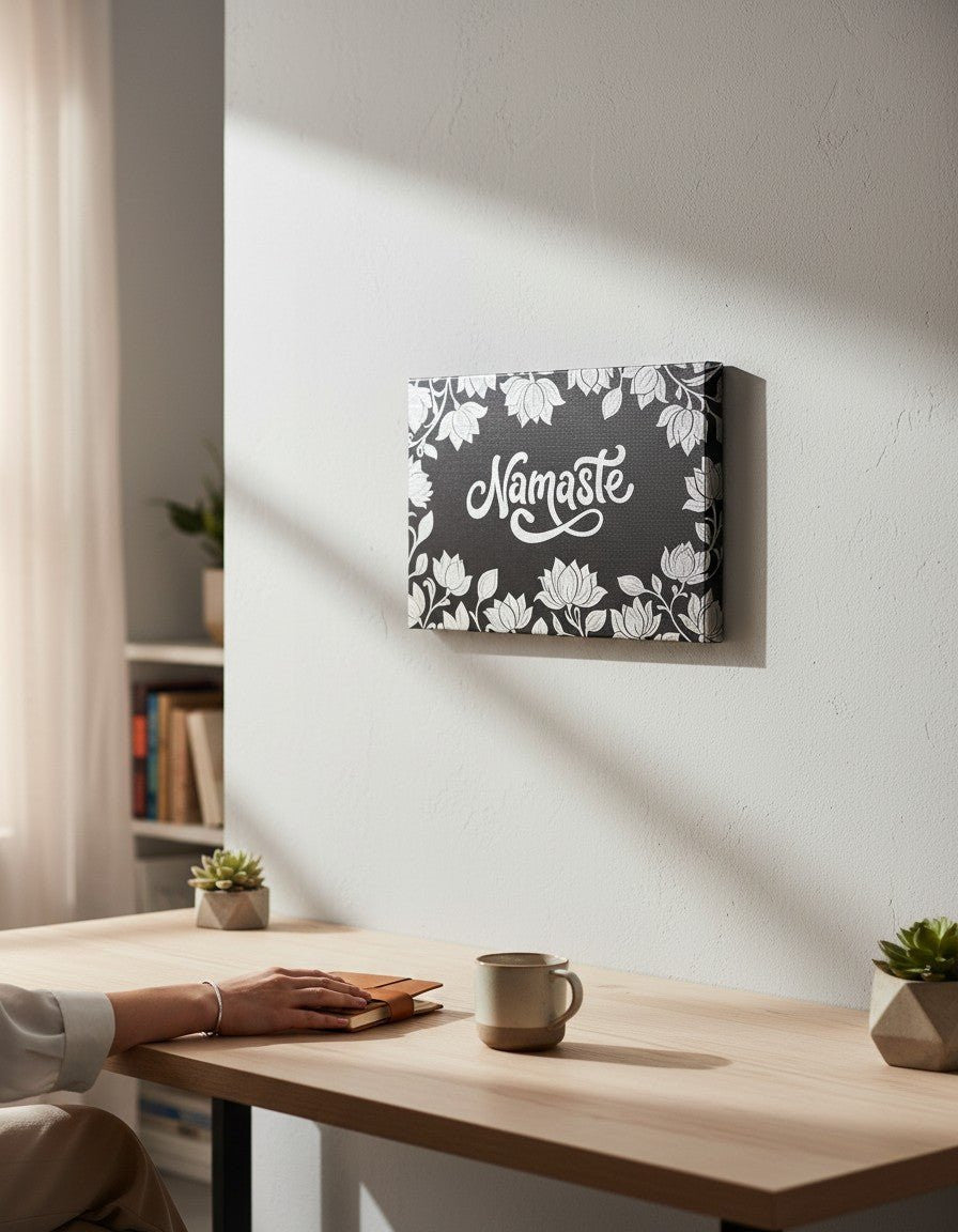 Namaste Lotus Wall Art — 18x12 Black Leatherette Yoga Decor - Home Decor