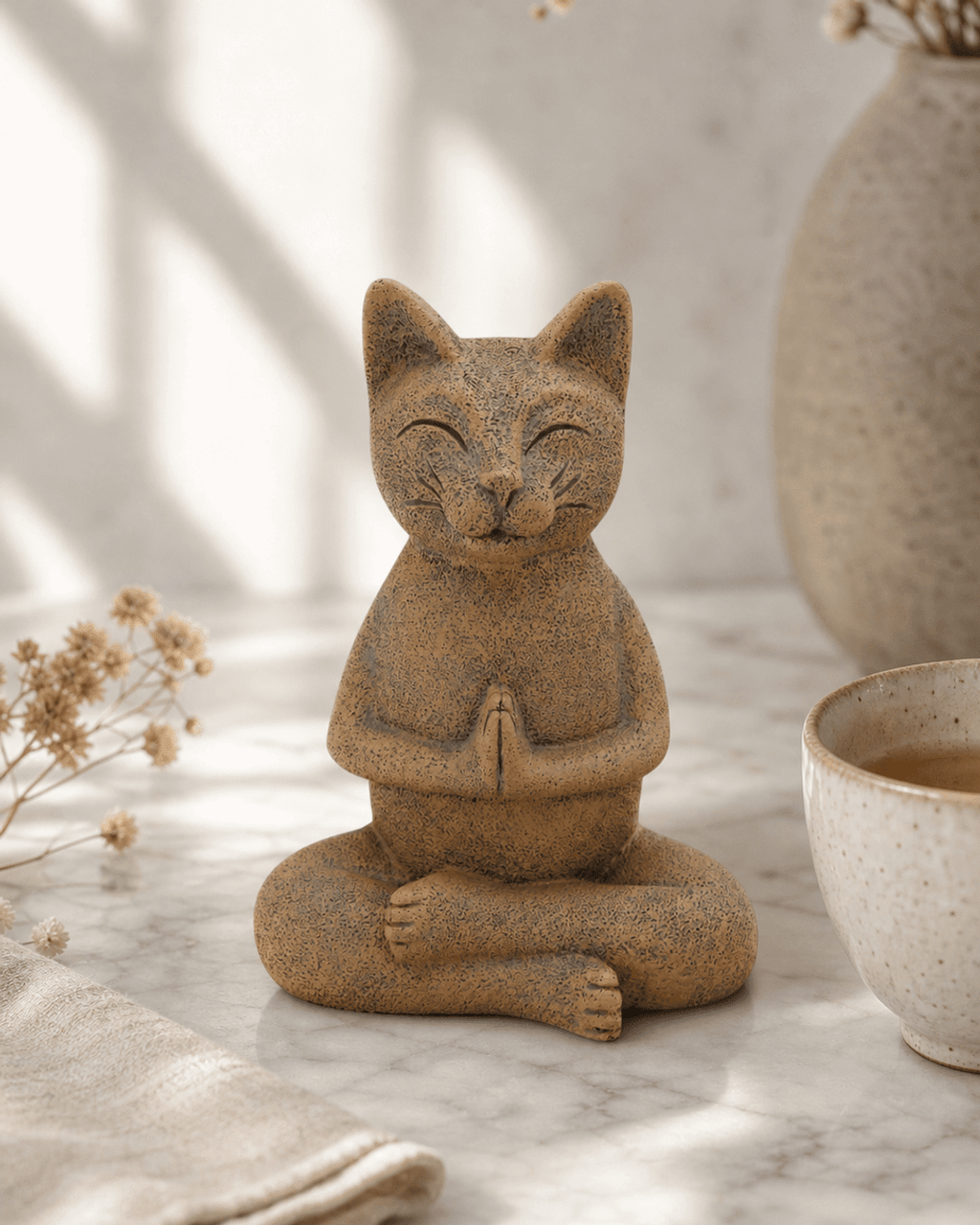 Namaste Yogi Meditating Cat Statue, Textured Clay Finish - Sculptures & Statues
