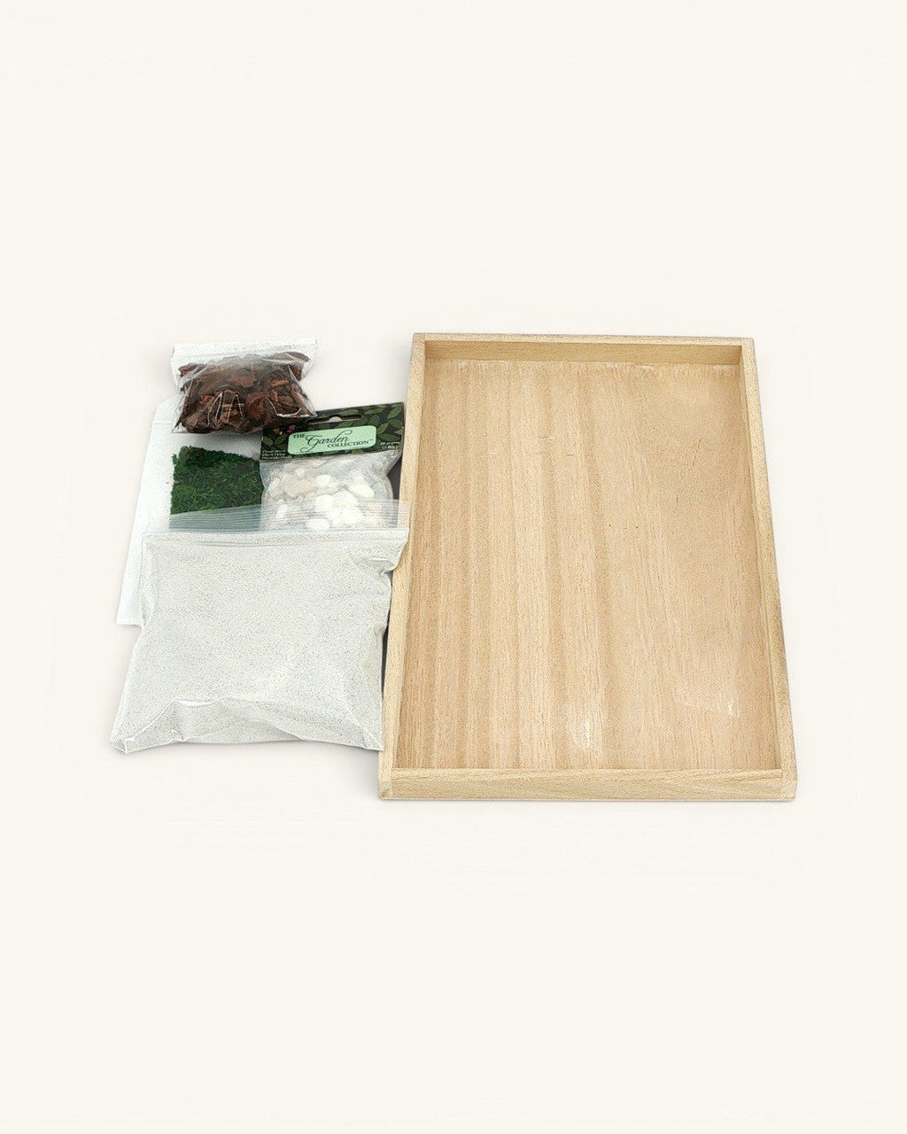 Natural Elements Zen Garden with Moss, Orchid Bark, Pebbles & Mini Rake — 7x11 Wood Tray - Meditation Item
