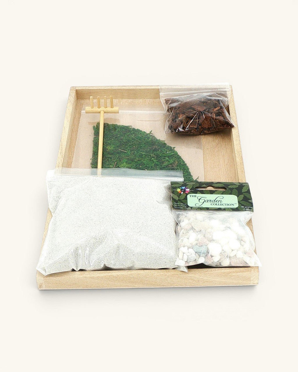 Natural Elements Zen Garden with Moss, Orchid Bark, Pebbles & Mini Rake — 7x11 Wood Tray - Meditation Item