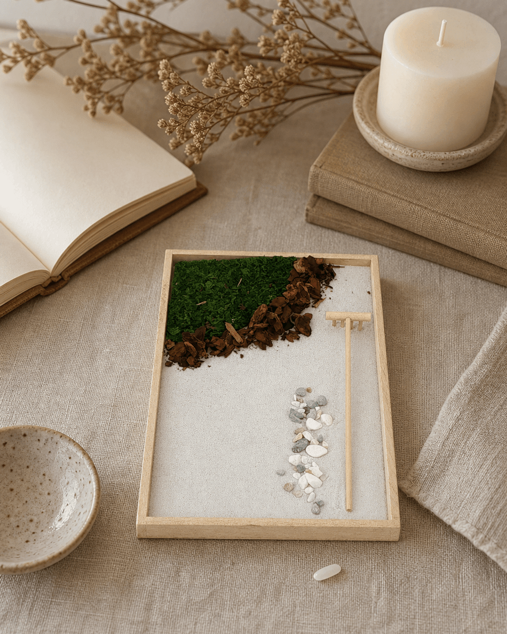 Natural Elements Zen Garden with Moss, Orchid Bark, Pebbles & Mini Rake — 7x11 Wood Tray - Meditation Item