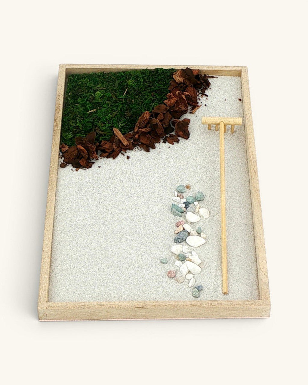 Natural Elements Zen Garden with Moss, Orchid Bark, Pebbles & Mini Rake — 7x11 Wood Tray - Meditation Item