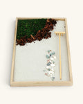 Natural Elements Zen Garden with Moss, Orchid Bark, Pebbles & Mini Rake — 7x11 Wood Tray - Meditation Item