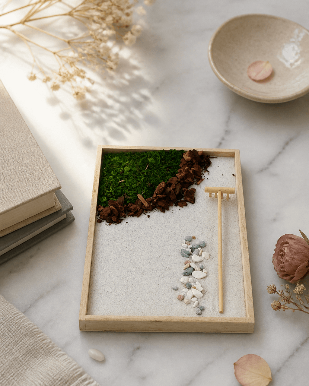 Natural Elements Zen Garden with Moss, Orchid Bark, Pebbles & Mini Rake — 7x11 Wood Tray - Meditation Item