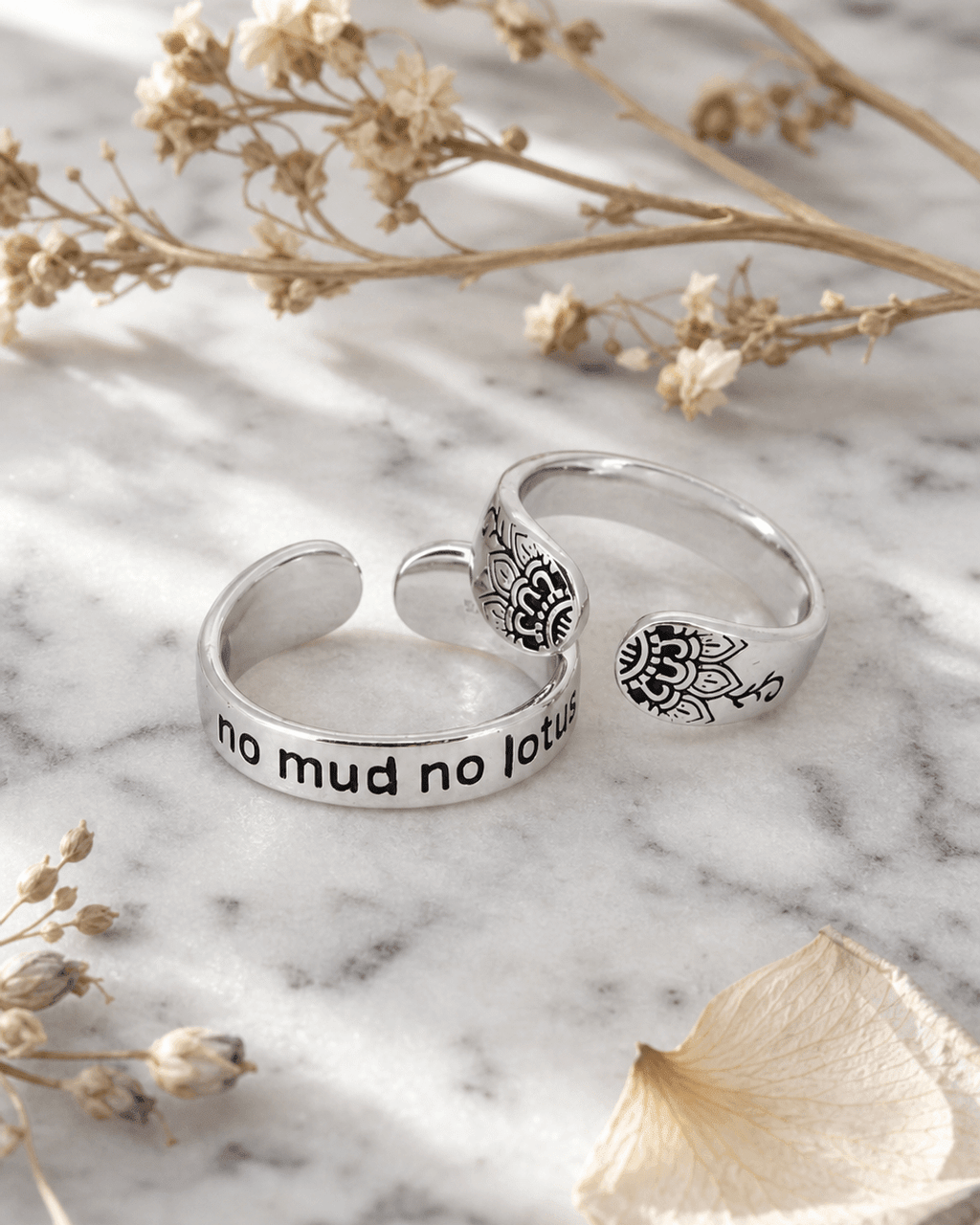 No Mud No Lotus Sterling Silver Mantra Ring - Rings