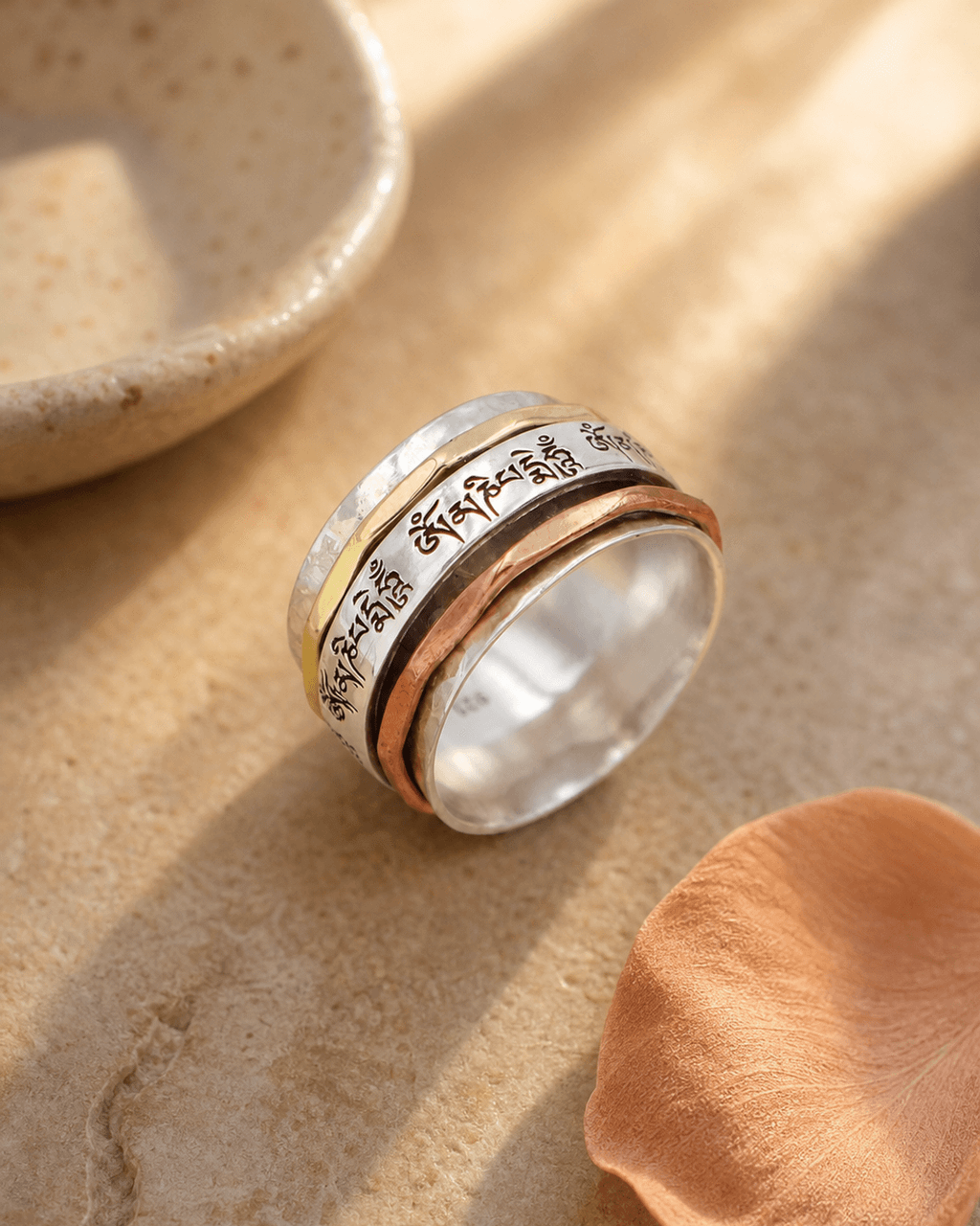 Om Mani Padme Hum Spinning Tibetan Mantra Ring — Sterling Silver, Brass & Copper - Ring Size 6