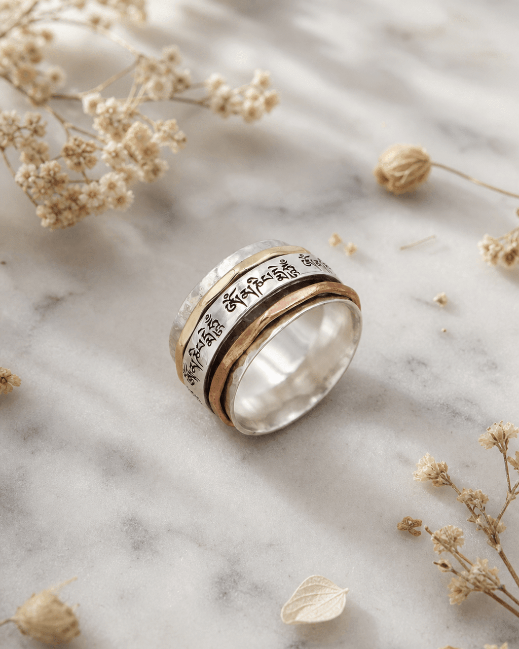 Om Mani Padme Hum Spinning Tibetan Mantra Ring — Sterling Silver, Brass & Copper - Ring Size 6