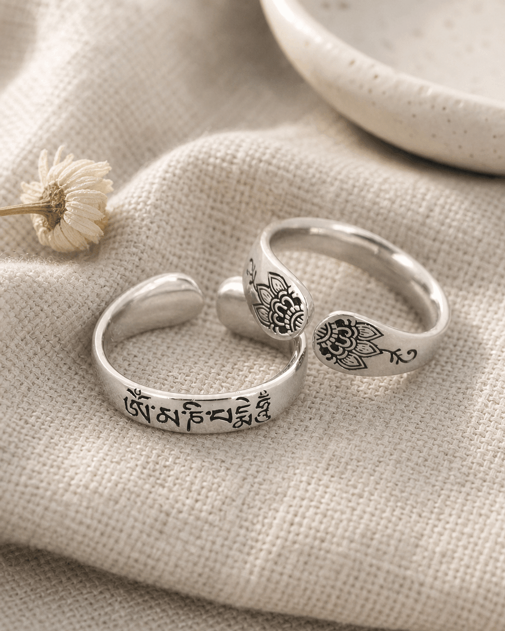 Om Mani Padme Hum Sterling Silver Adjustable Ring - Rings