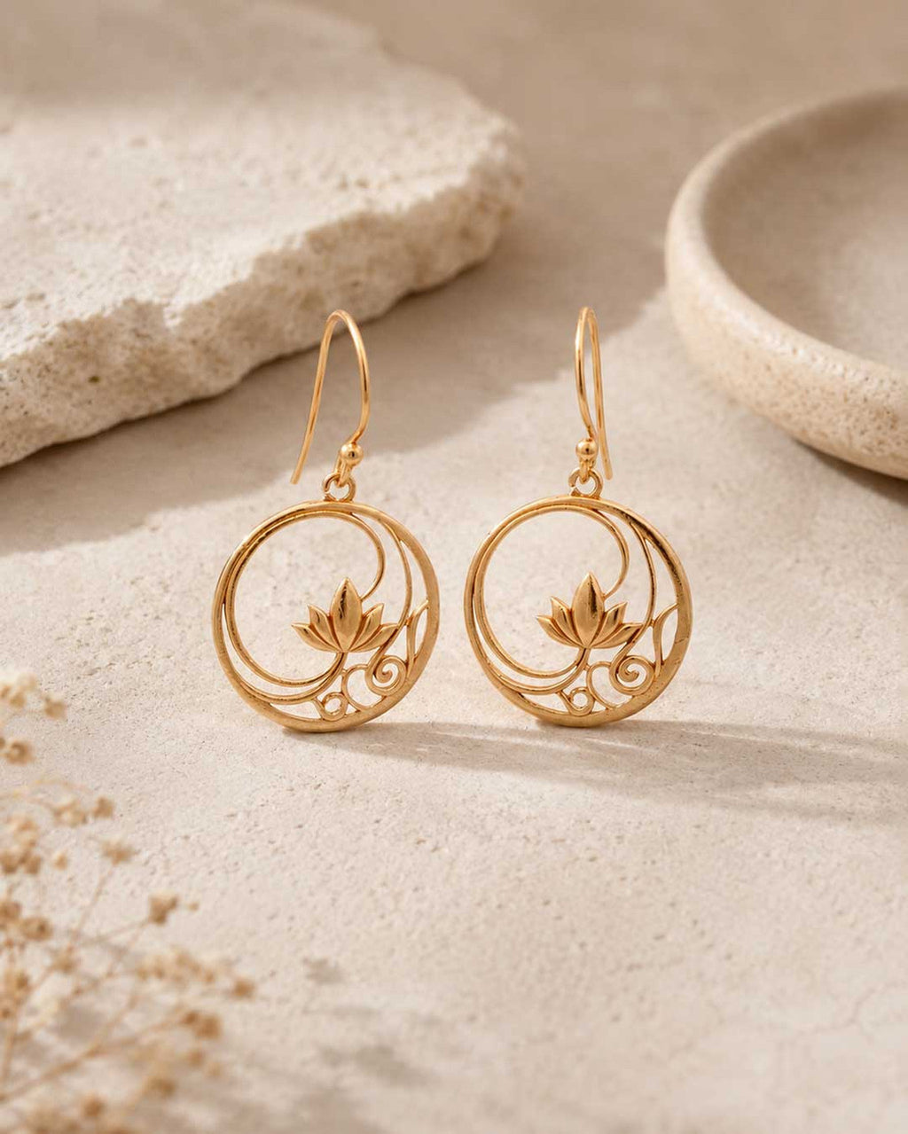 Openwork Lotus Drop Earrings — 18K Gold Plated Brass Lotus Blossom - Earrings