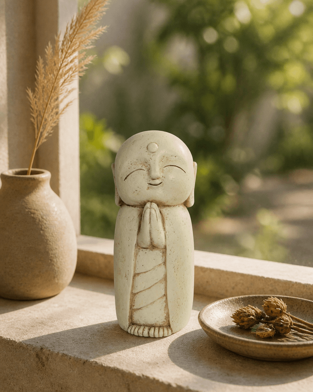 Peaceful Jizo Garden Statue, 8 Inches - Sculptures & Statues Grey