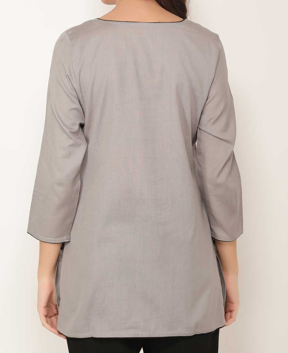 Peacock Lotus Mandala Grey and Black Cotton Tunic Top - S