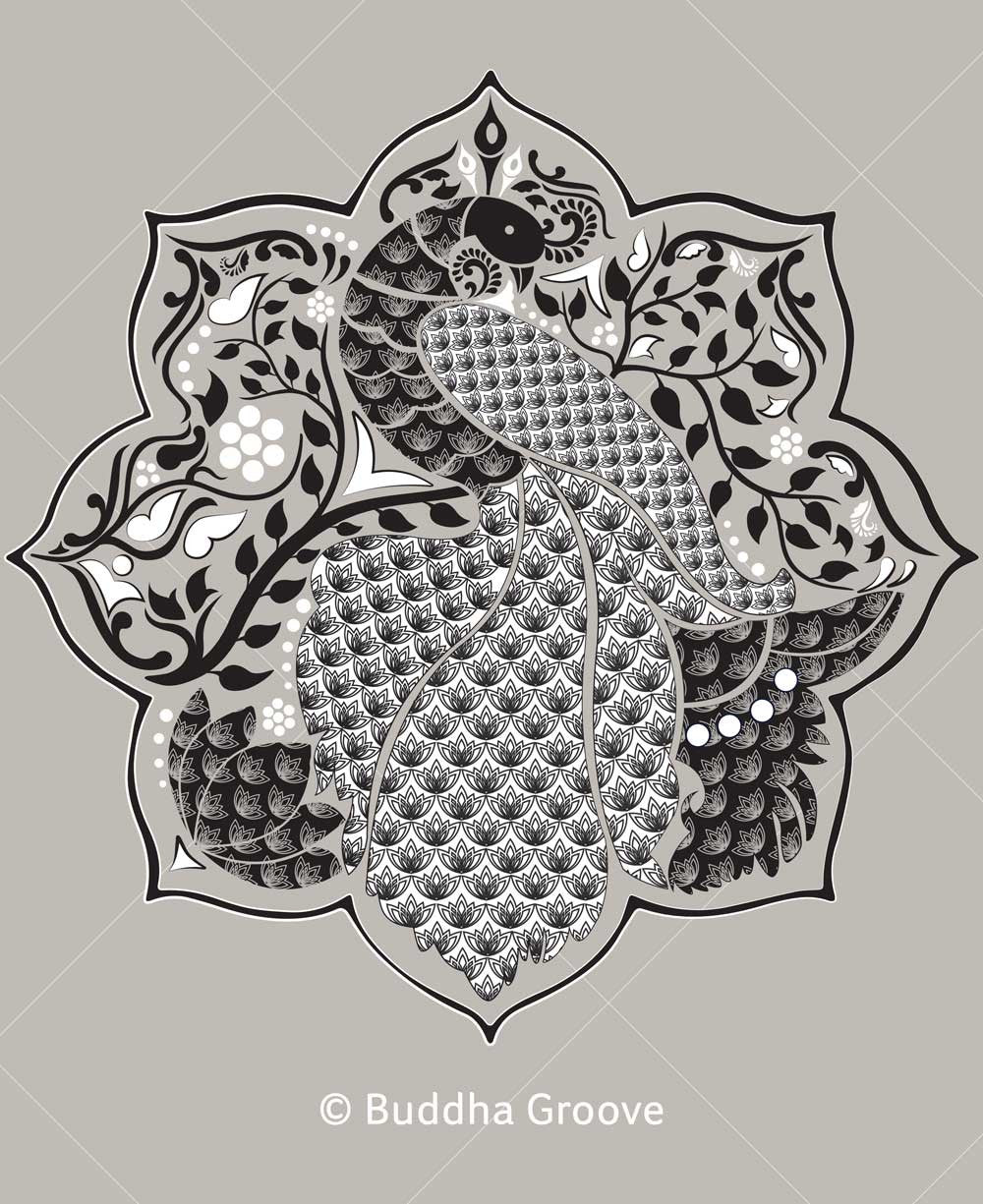 Peacock Lotus Mandala Grey and Black Cotton Tunic Top - S