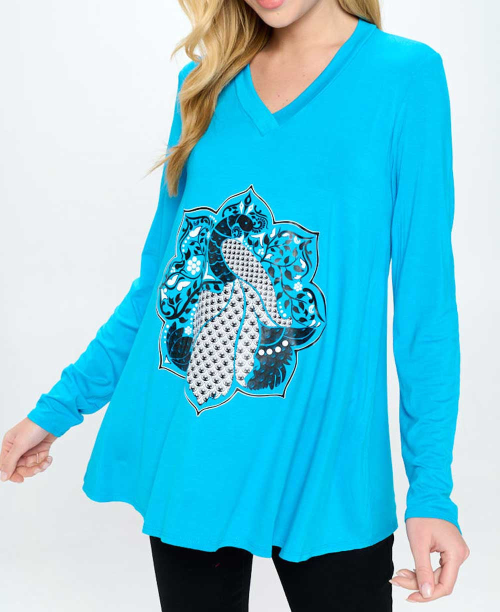 Peacock Lotus Mandala Tunic Tee, Made in USA - Shirts & Tops S