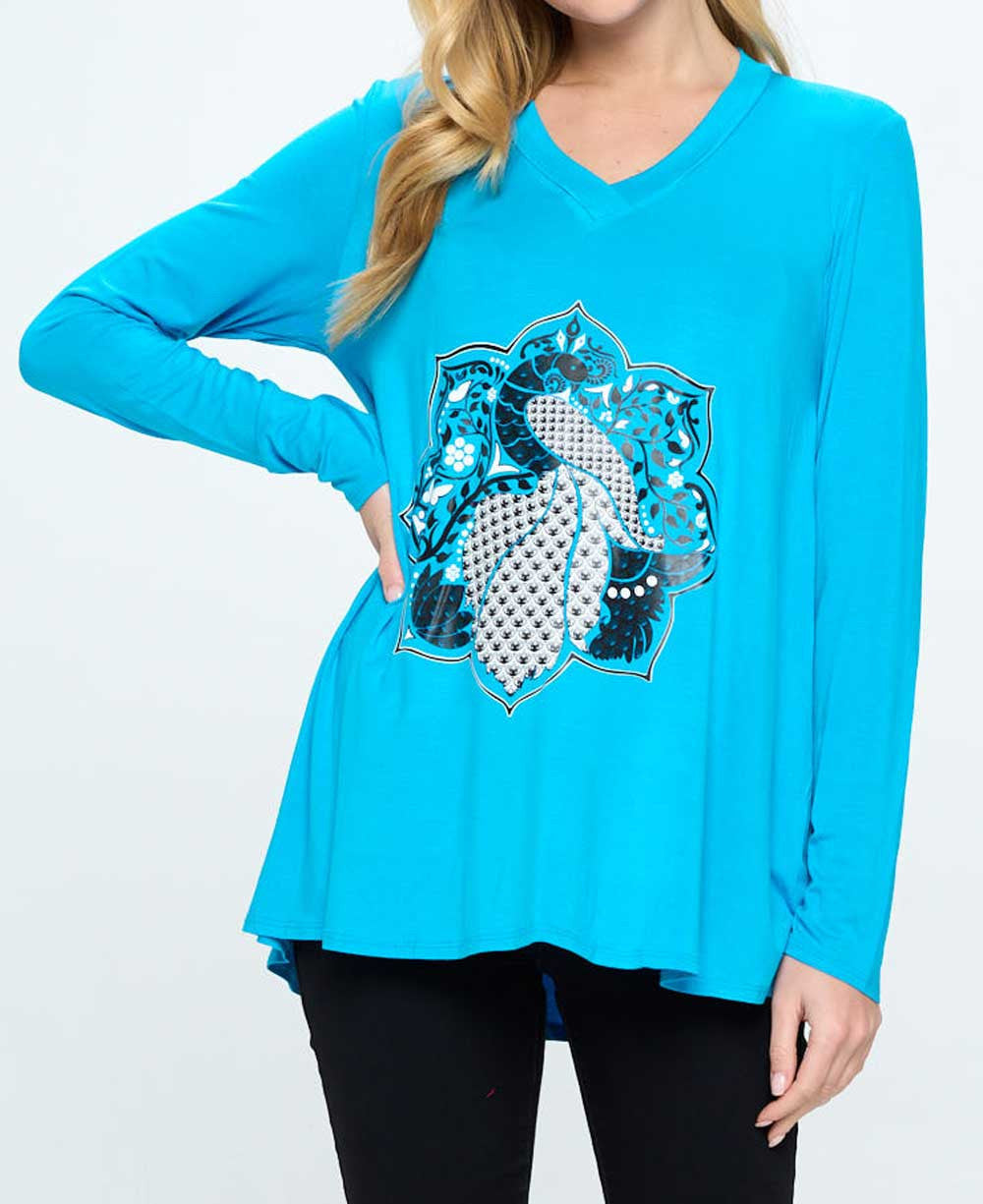 Peacock Lotus Mandala Tunic Tee, Made in USA - Shirts & Tops S