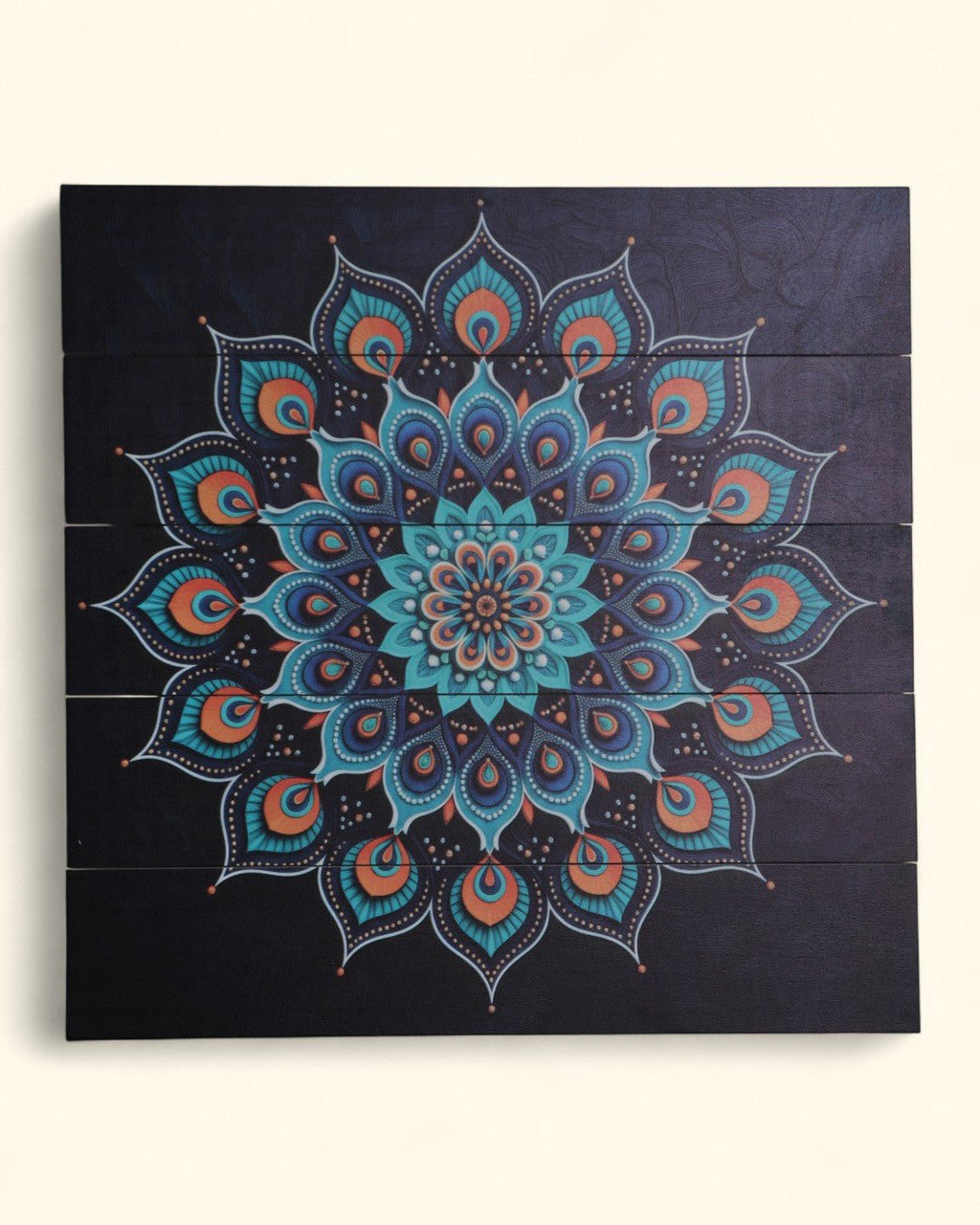 Peacock Radiance Mandala Wall Art – Jewel - Tone Wood Panel with Feather Motif - Posters, Prints, & Visual Artwork