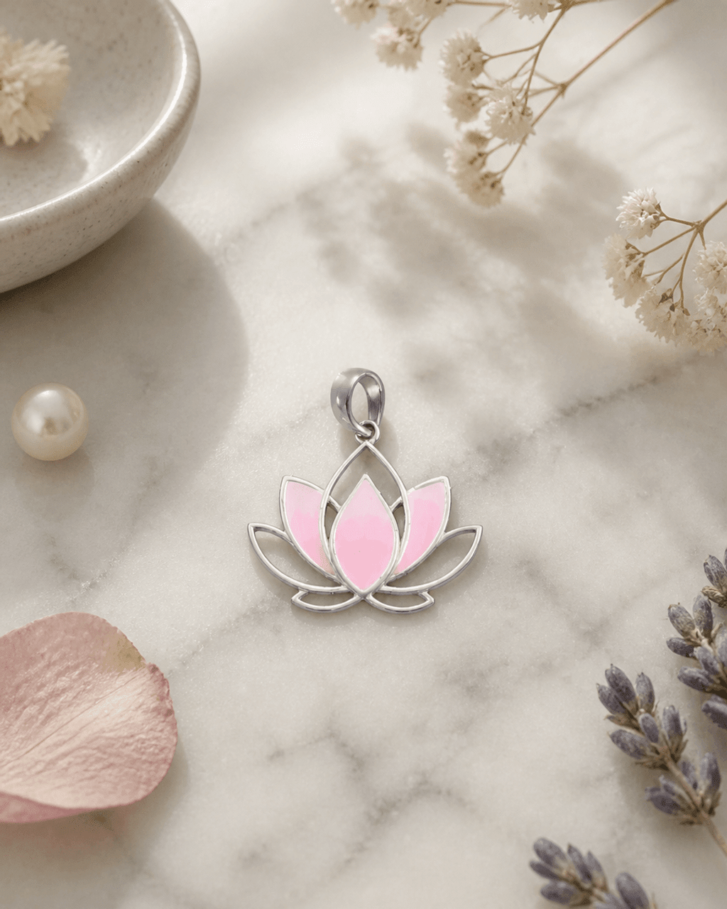 Pink Enamel Lotus Sterling Silver Pendant - Pendants