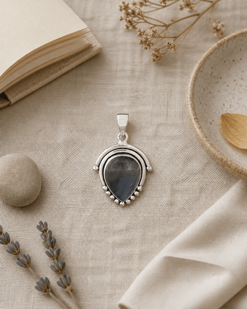 Premium Labradorite Inverted Teardrop Silver Pendant with Beaded Architectural Detailing - Charms & Pendants